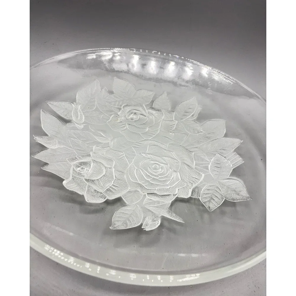 Vintage Frosted Glass Rose Floral Serving Platter Round 12.5 Inch Clear Plate